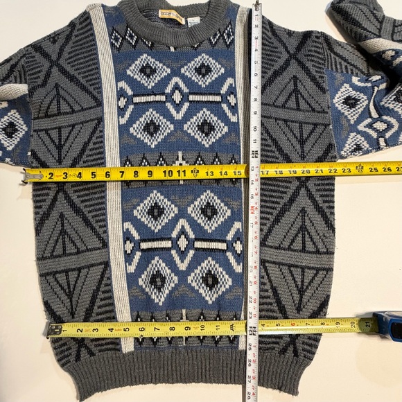 VINTAGE 80s funky quirky geometric knit sweater mens navy blue Diamond argyle - Picture 9 of 10